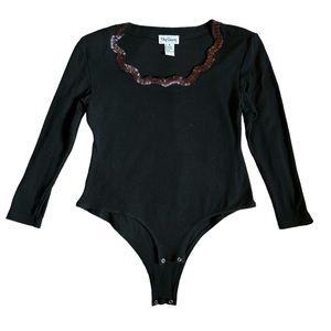 Oleg Cassini Black Beaded Neck Long Sleeve Bodysuit W/Shoulder Pads Vintage 80s